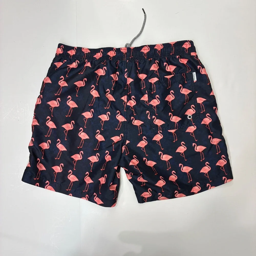 Maamgic Mens Flamingo Print Swim Trunks Navy Blue Pink Mesh Lined Shorts Small‎